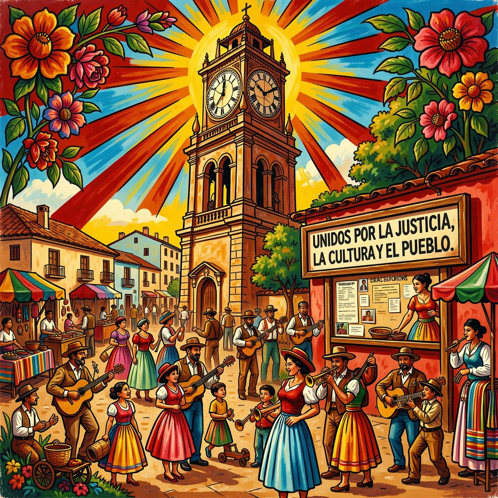 A historic clock tower overlooking a lively town square