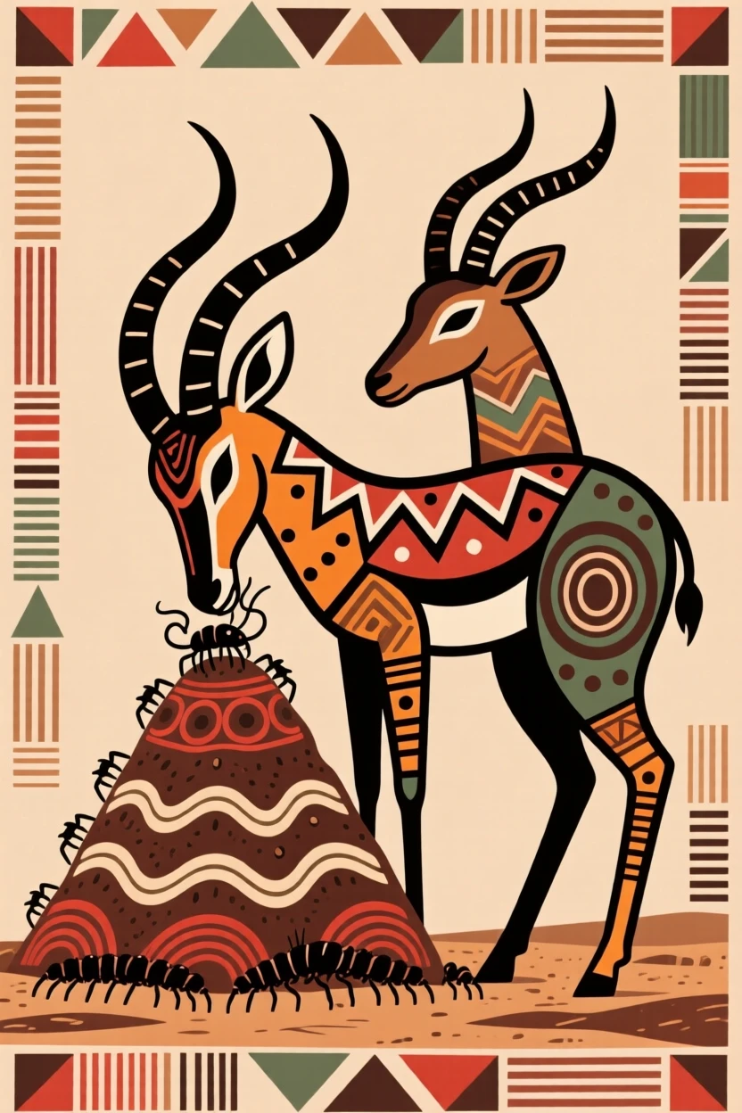 An antelope grooming beside a termite mound.