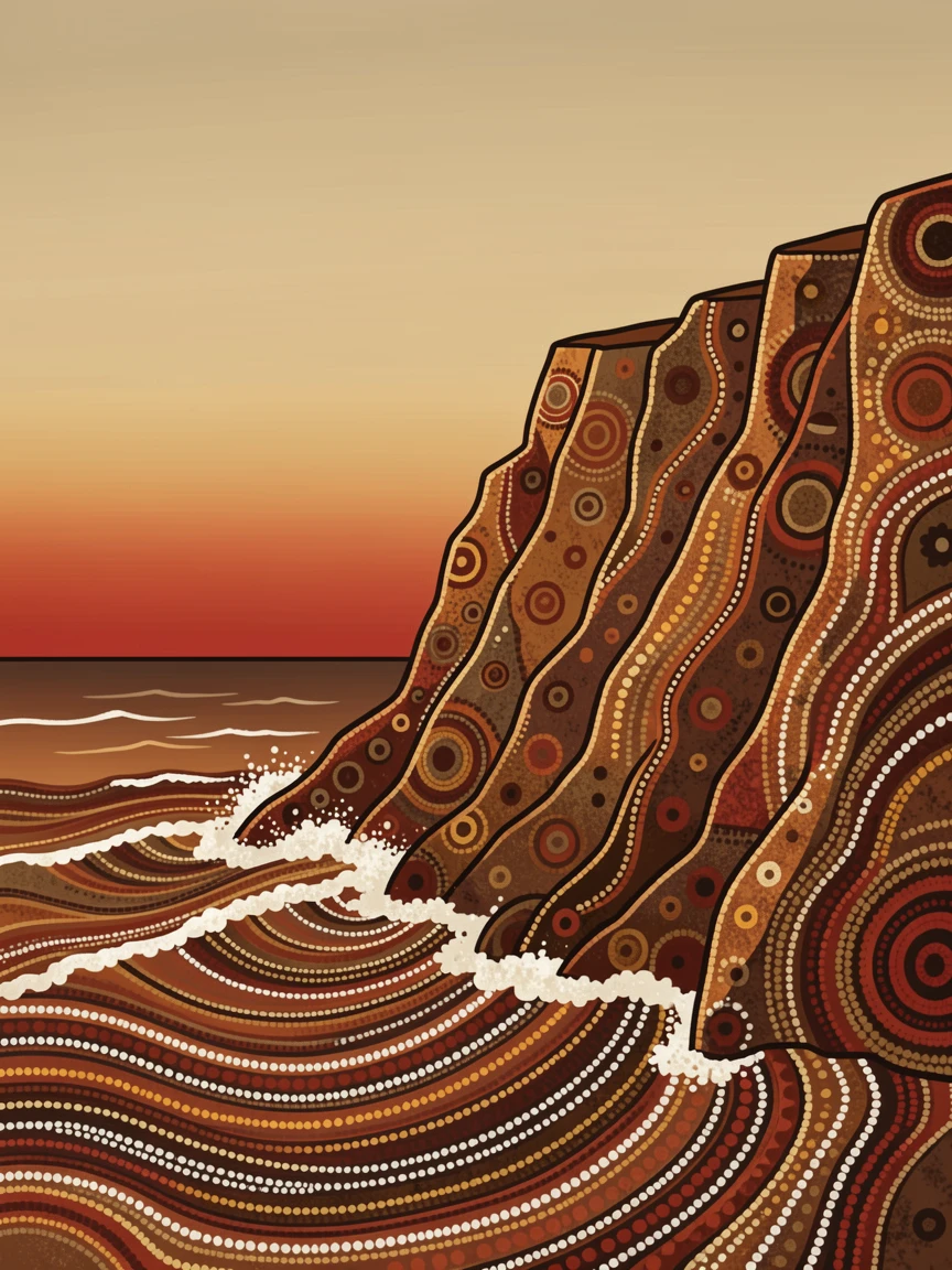 A wave-battered cliff lit by the last light of day
