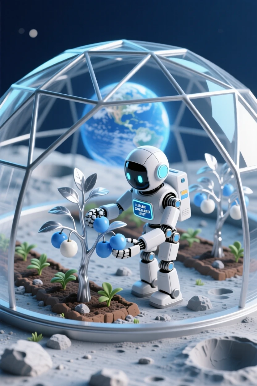 A robotic astronaut tending a lunar orchard, harvesting glowing fruit beneath a dome reflecting Earth's blue light.