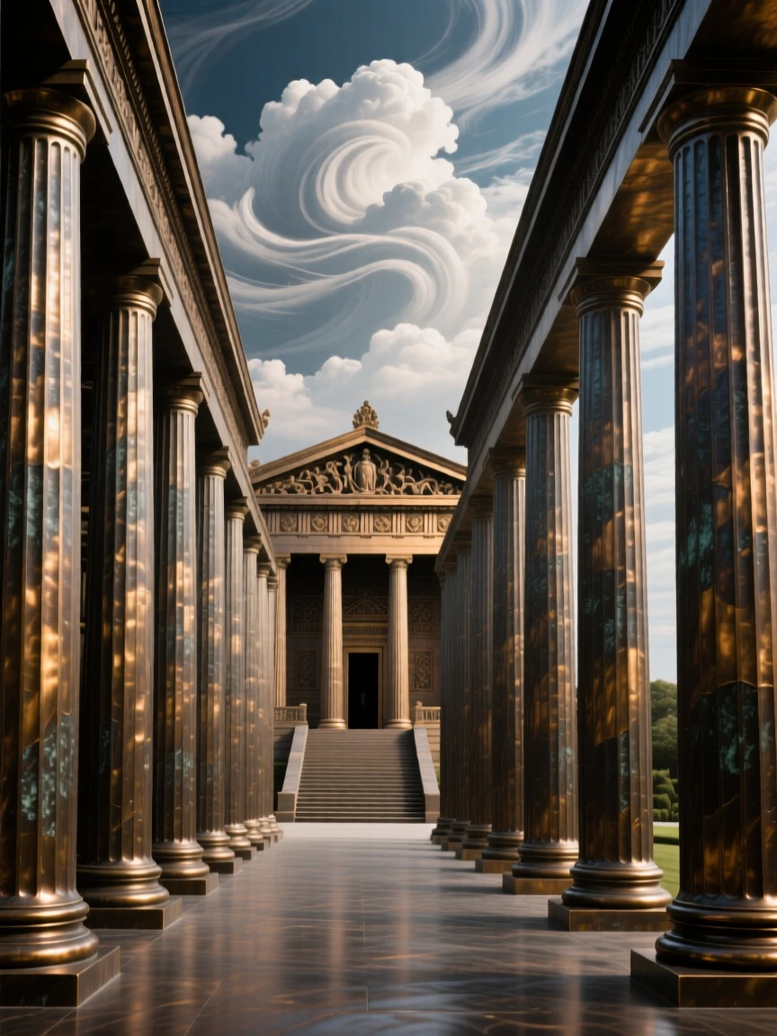 An elegant colonnade stretching toward a distant temple, framed by a dramatic sky, exuding timeless grandeur