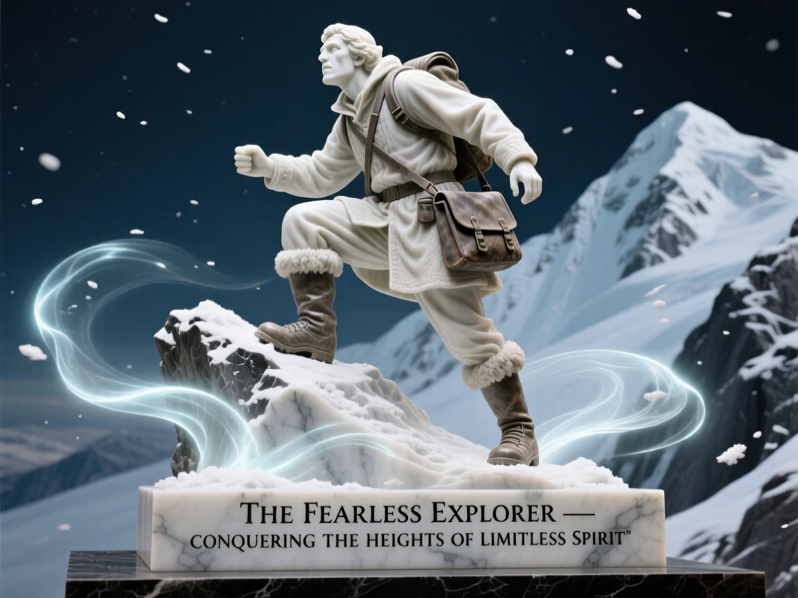 A vivid, emotionally rich scene of a fearless explorer atop a snowy peak, surrounded by soft, glowing light, designed to captivate and inspire