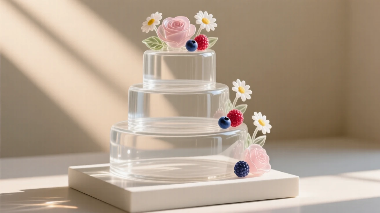 A tiered cake decorated with fresh flowers and berries, as morning light streams across the table