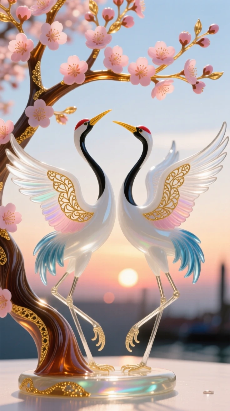 A pair of cranes dancing together beneath a blossoming cherry tree at the crack of dawn, elegant and symbolic.