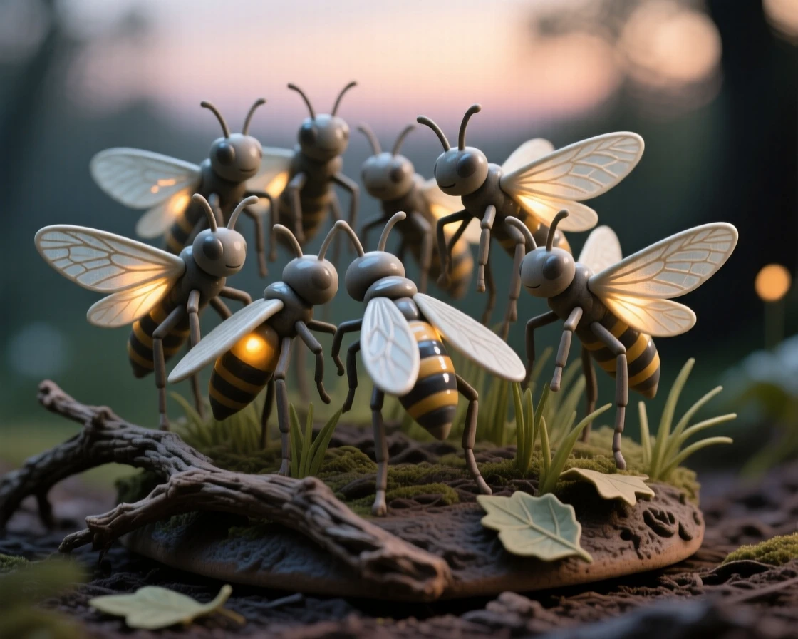 A swarm of fireflies glowing at dusk standing proudly with plumage on full display, outlined against a soft-focus natural backdrop, conveying effortless elegance in motion.