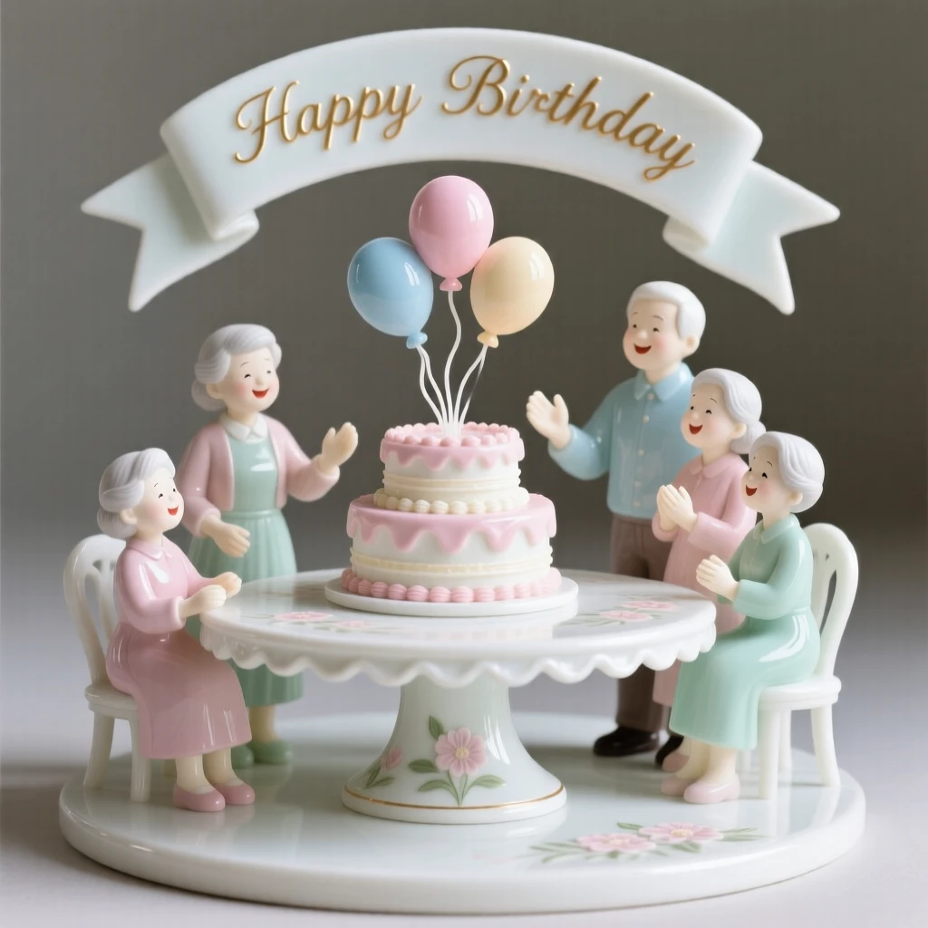 A joyful a birthday celebration with balloons and cake scene, families and friends gathered together happily.