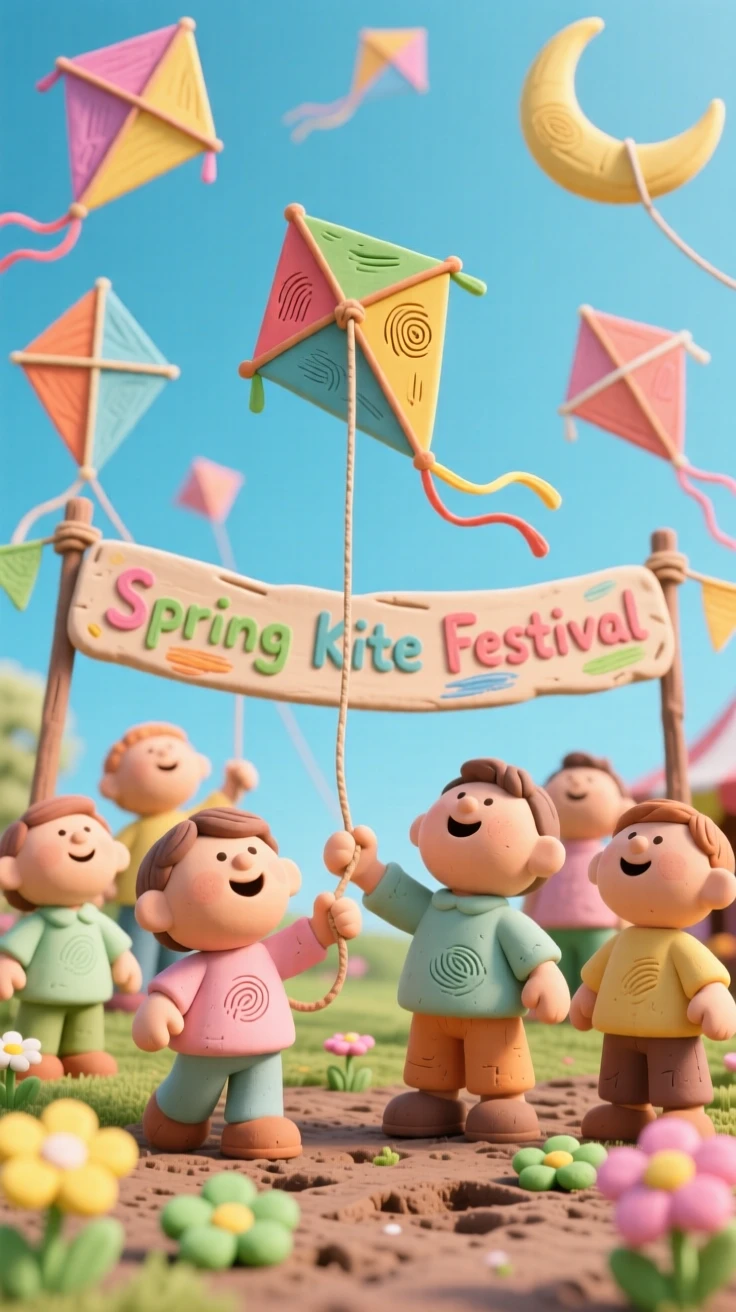 A springtime kite festival with colorful kites filling the sky