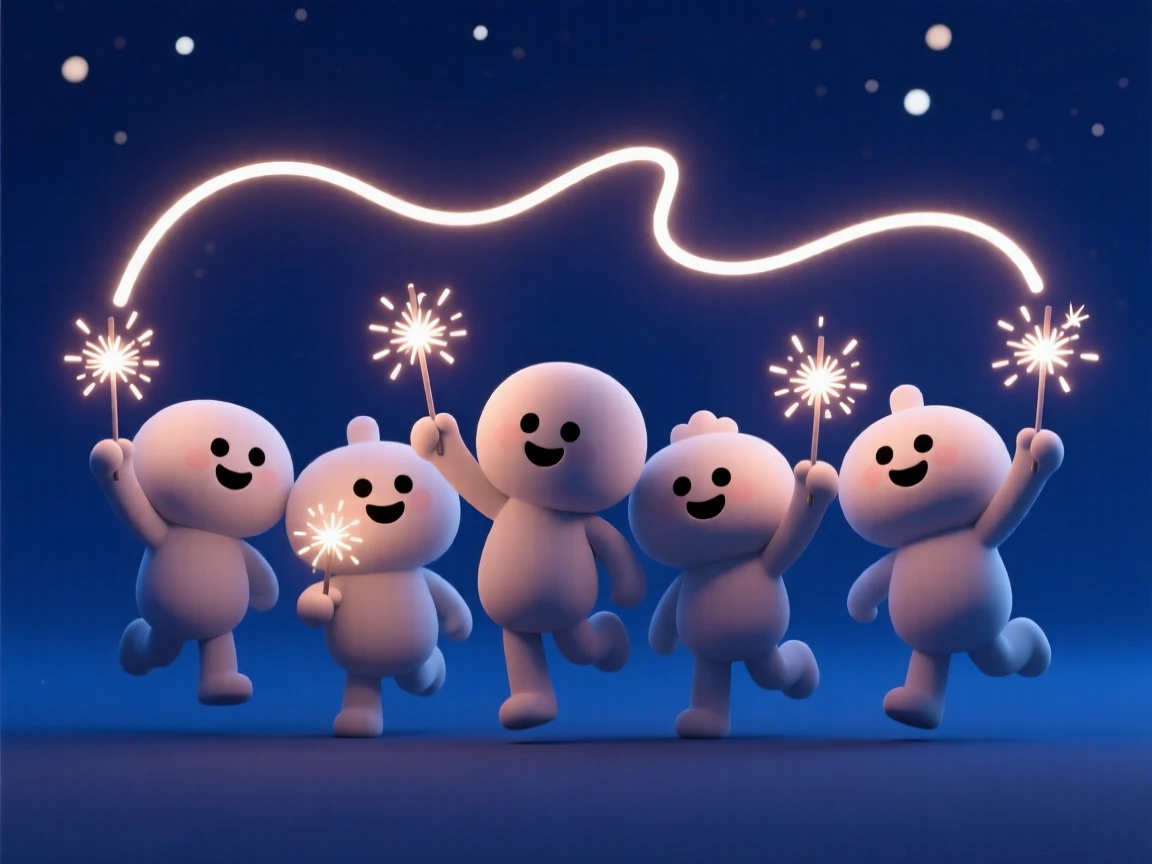 A joyful group waves sparklers in unison, forming glowing trails against a dark summer sky.