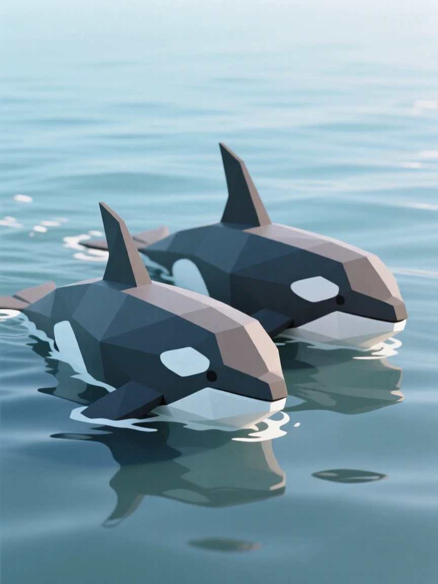 A pair of orcas swimming side by side, beneath a soft golden sunrise. soft natural light highlights every texture. There is a sense of quiet wonder.