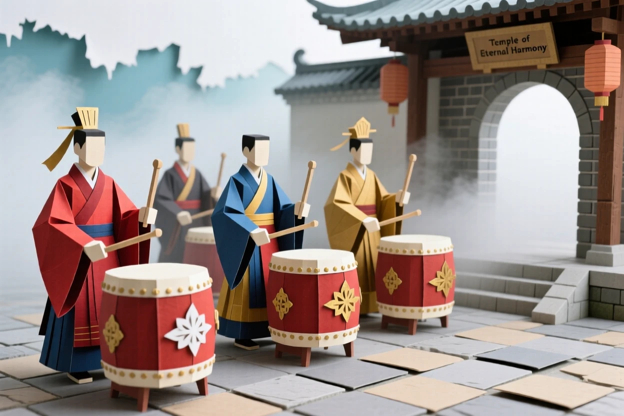 A group of ceremonial drummers moving quietly through a misty temple courtyard, with vibrant colors and fabrics on display, evoking timeless artistry and devotion.