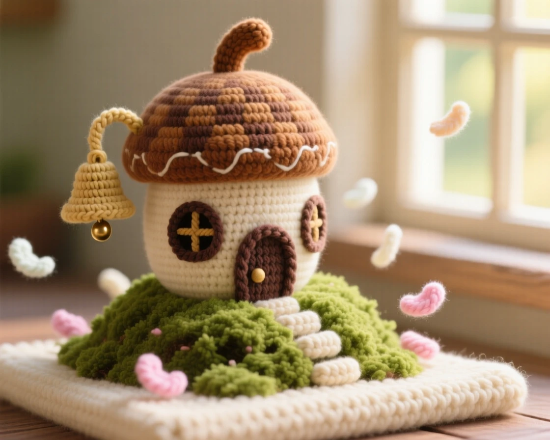 a tiny bell tower built inside a giant acorn, with a softly ringing chime, is shown perched atop a mossy hill, resting on a warm sunlit windowsill, surrounded by a trail of soft floating petals, radiating playful imagination brought to life.