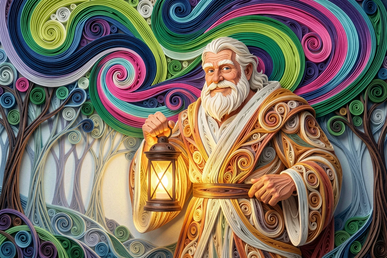 A magical fantasy scene of a friendly giant carrying a lantern through a misty forest beneath a sky swirling with the northern lights, under a sky painted in shifting aurora colors, captured in an intimate close-up glowing softly.