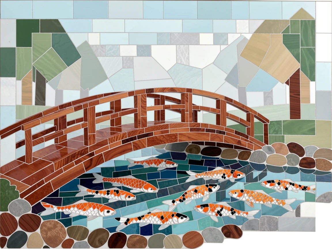 A serene japanese garden with a curved wooden bridge over a koi pond, under a soft blanket of morning fog.