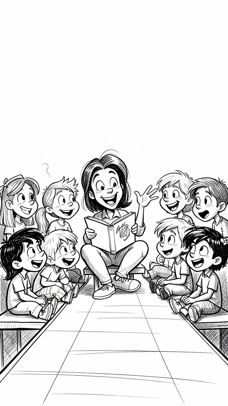A teacher reading a story to a classroom of children on a runway beneath a clear sky.