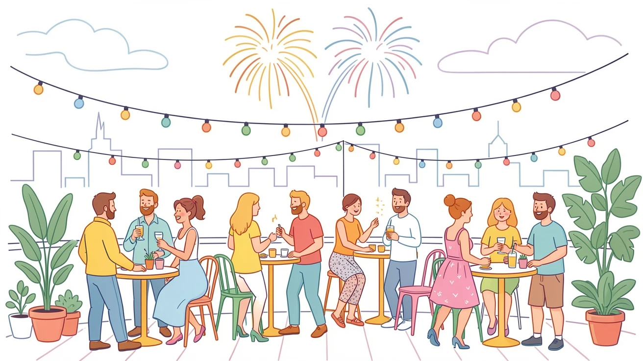 A summer rooftop gathering with string lights and a view of city fireworks.