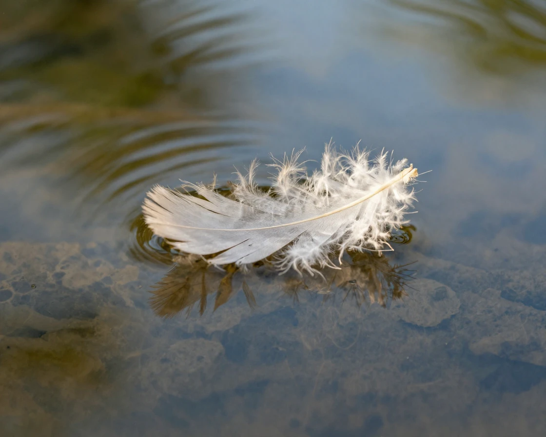 A single feather floating gently onto still water