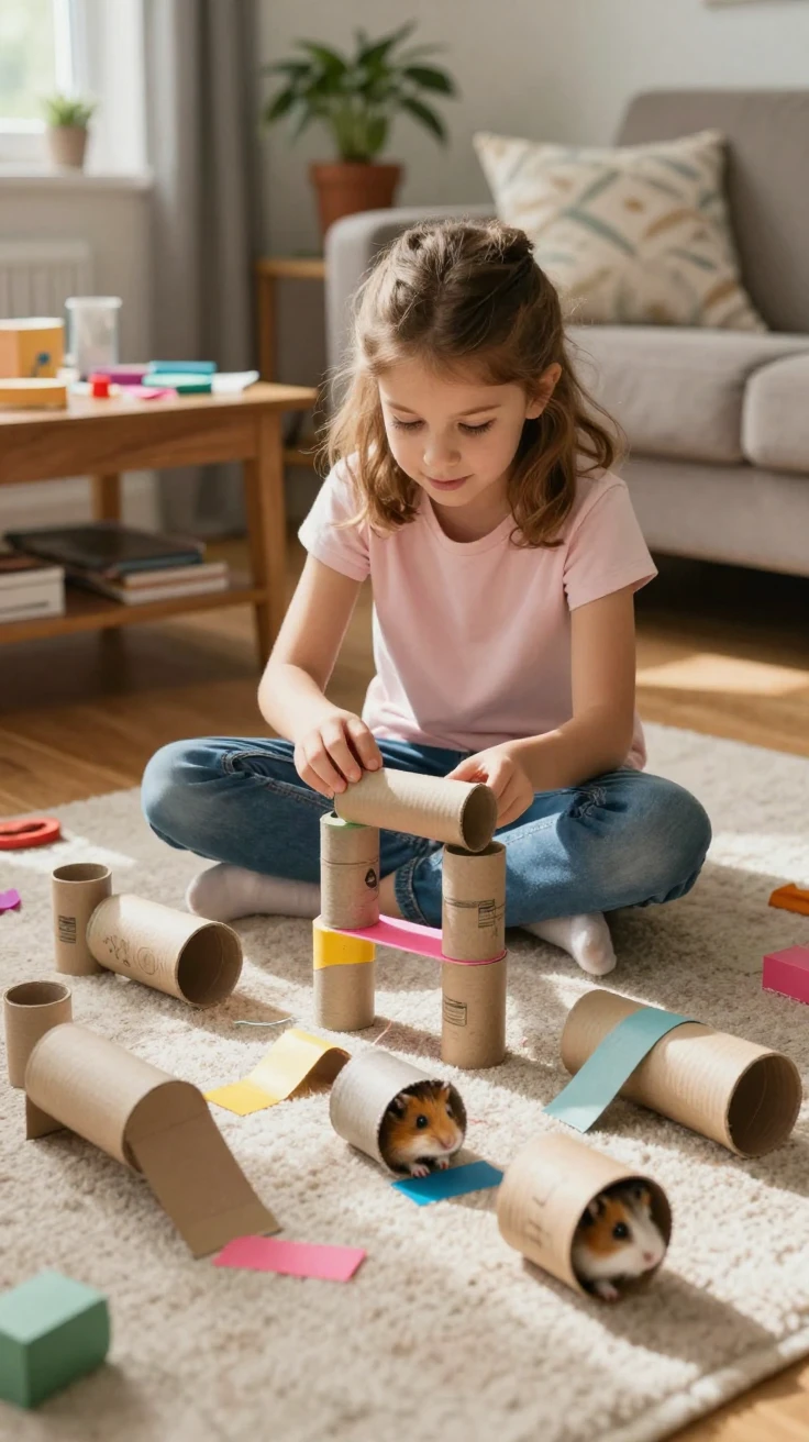 A girl builds an elaborate obstacle course for her hamster out of cardboard tubes.