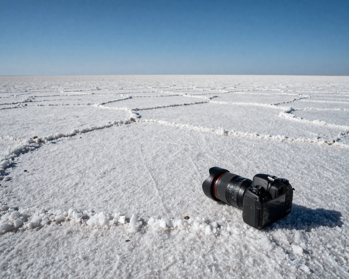 A vast salt flat stretching to the horizon, stretching endlessly beneath a blazing midday sun