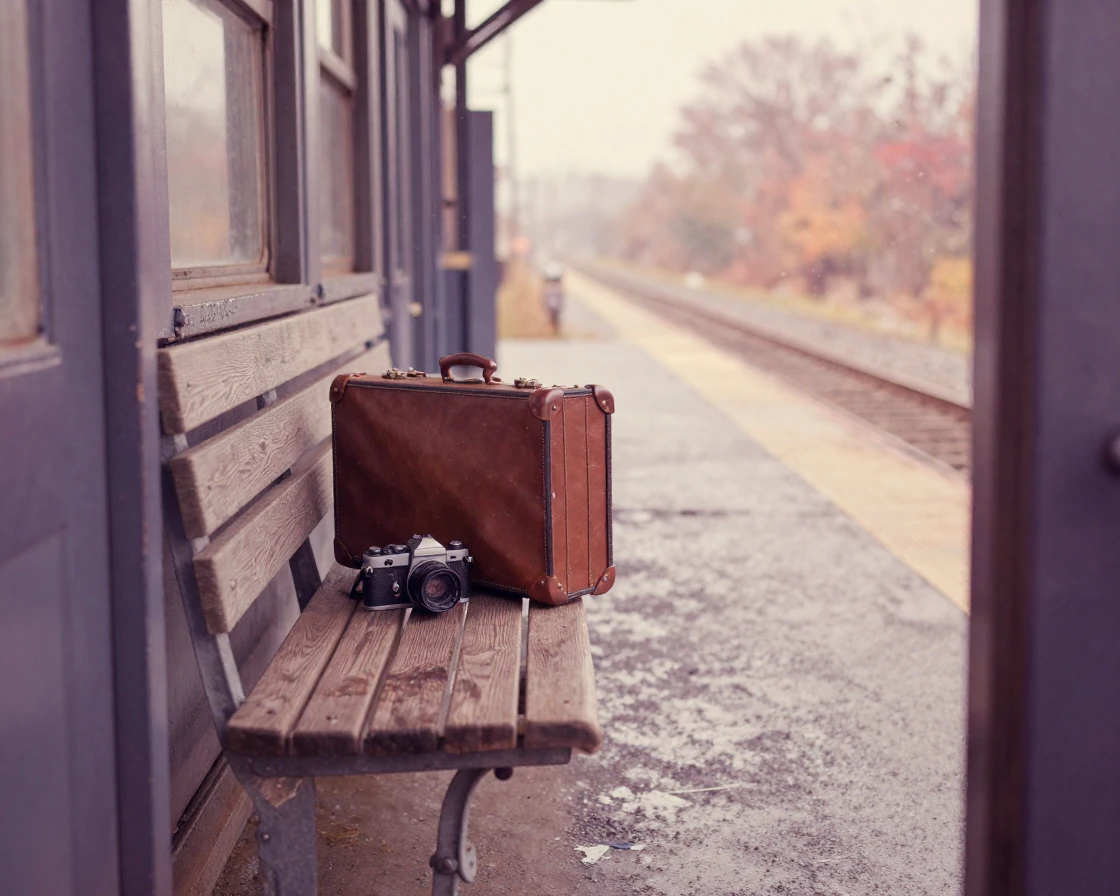 A traveler's suitcase resting beside an old train platform bench, in warm morning light, amid gently falling snow, as summer fades into fall, in dusty lavender and rose tones, framed through an open doorway.