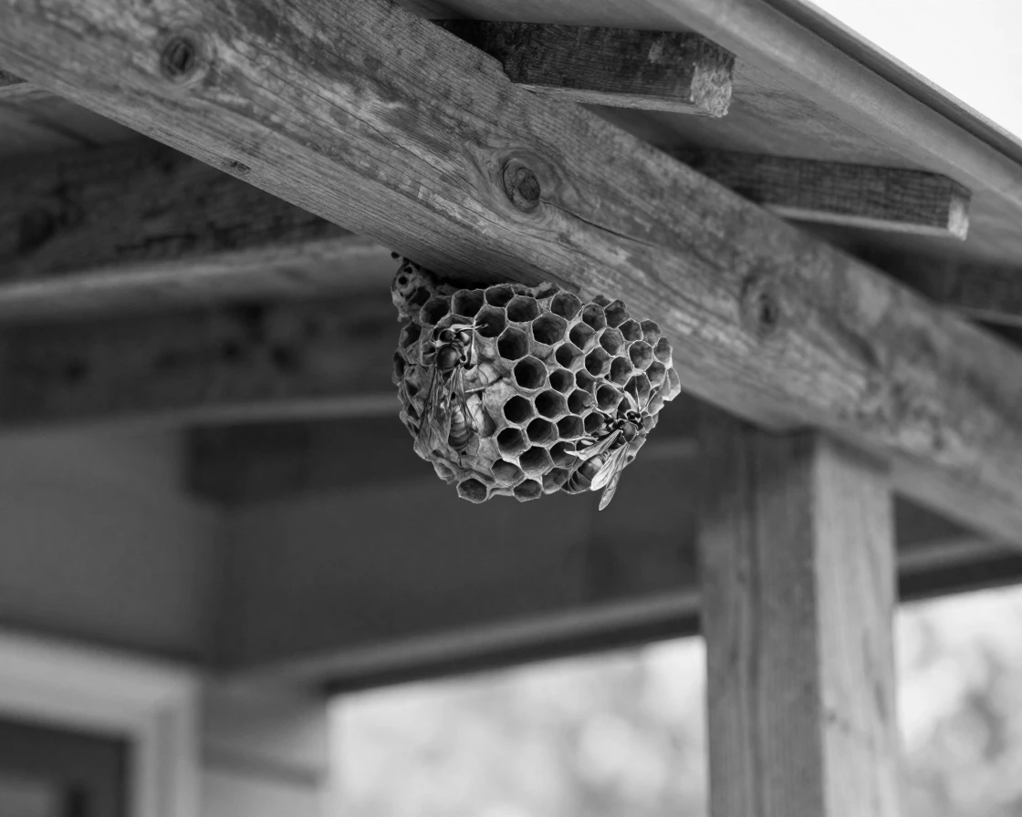 A wasp builds a papery nest under an eave beneath a wooden porch roof.