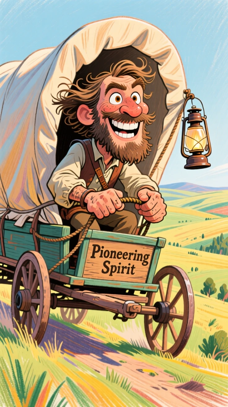 A brave frontier pioneer steering a covered wagon across the vast open plains.