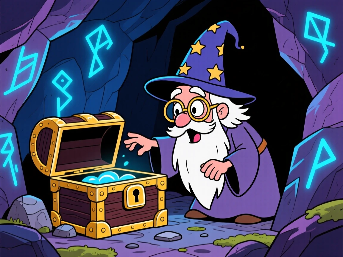An imaginative fantasy scene of a wise old wizard discovering a hidden treasure chest deep within an ancient cave, as ancient runes glow softly nearby.