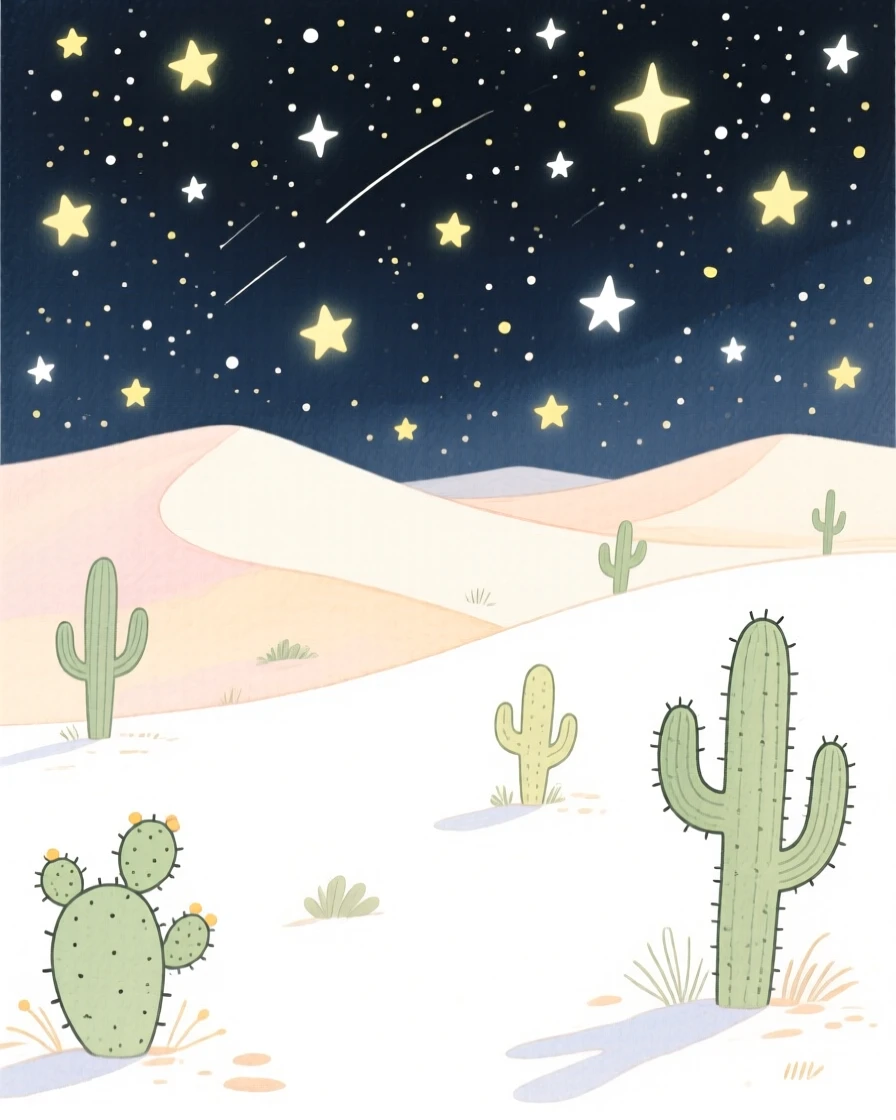 A serene landscape of a starry night sky over a quiet desert landscape under a blanket of stars