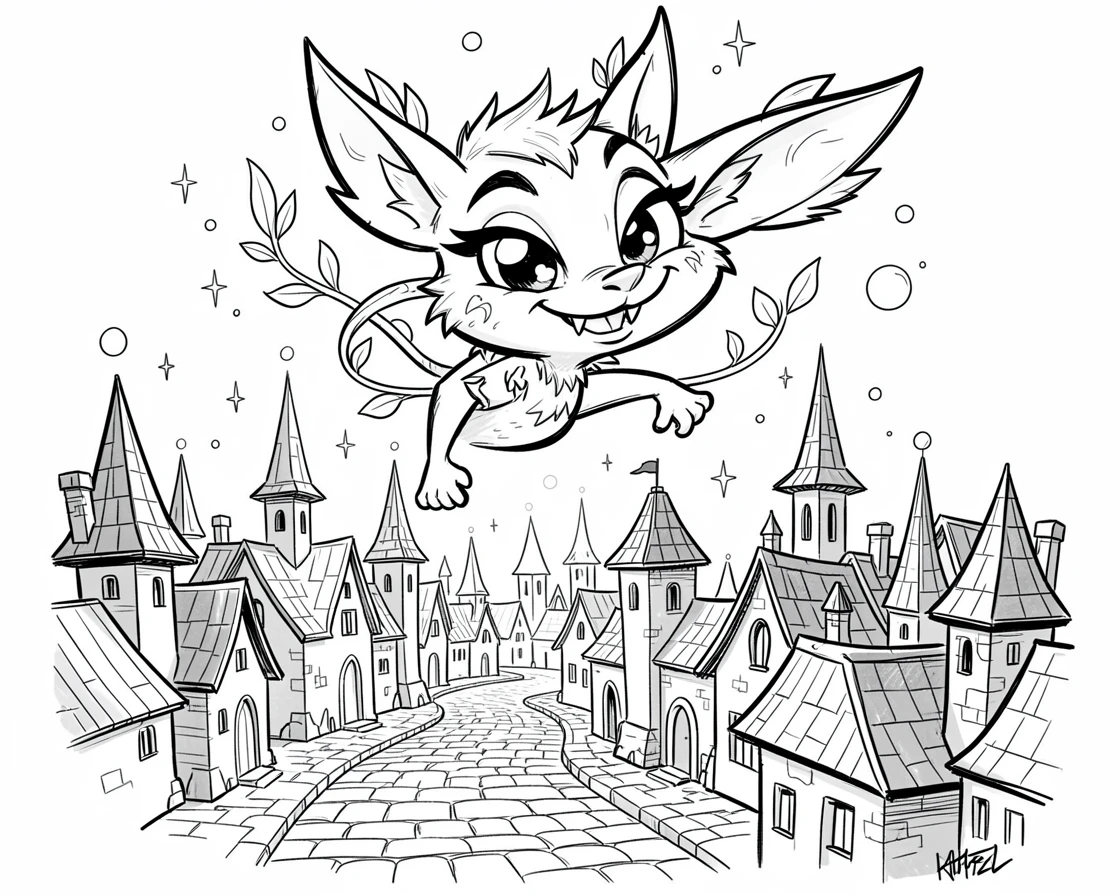 [Fantasy & Imaginative Scenarios] Imaginative fantasy scene of a mischievous forest spirit soaring above an ancient enchanted city, brimming with wonder