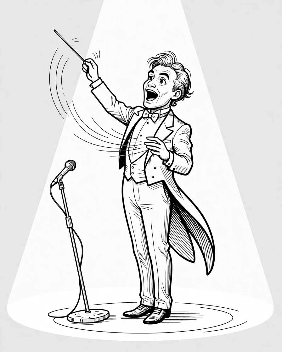A conductor waving his baton with theatrical intensity, plucking with fingers moving faster than the eye can follow, set on a grand theater stage under a single spotlight. A worn microphone stand tilts slightly from the energy. It radiates the joy of losing yourself completely in sound.