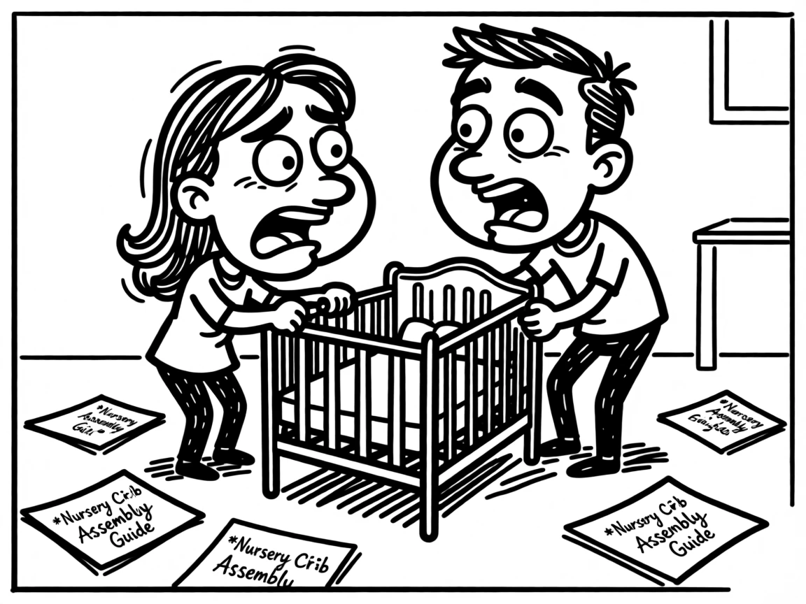 A couple building a nursery crib together, instructions scattered on the floor around them.