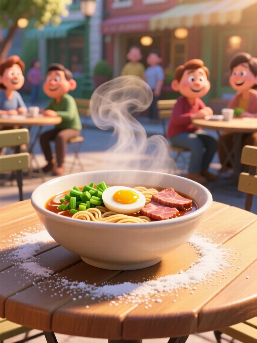 A bowl of steaming ramen with soft-boiled egg sits at a sunny outdoor cafe table, with a light dusting of powdered sugar. A cheerful, mouthwatering warmth surrounds the dish.
