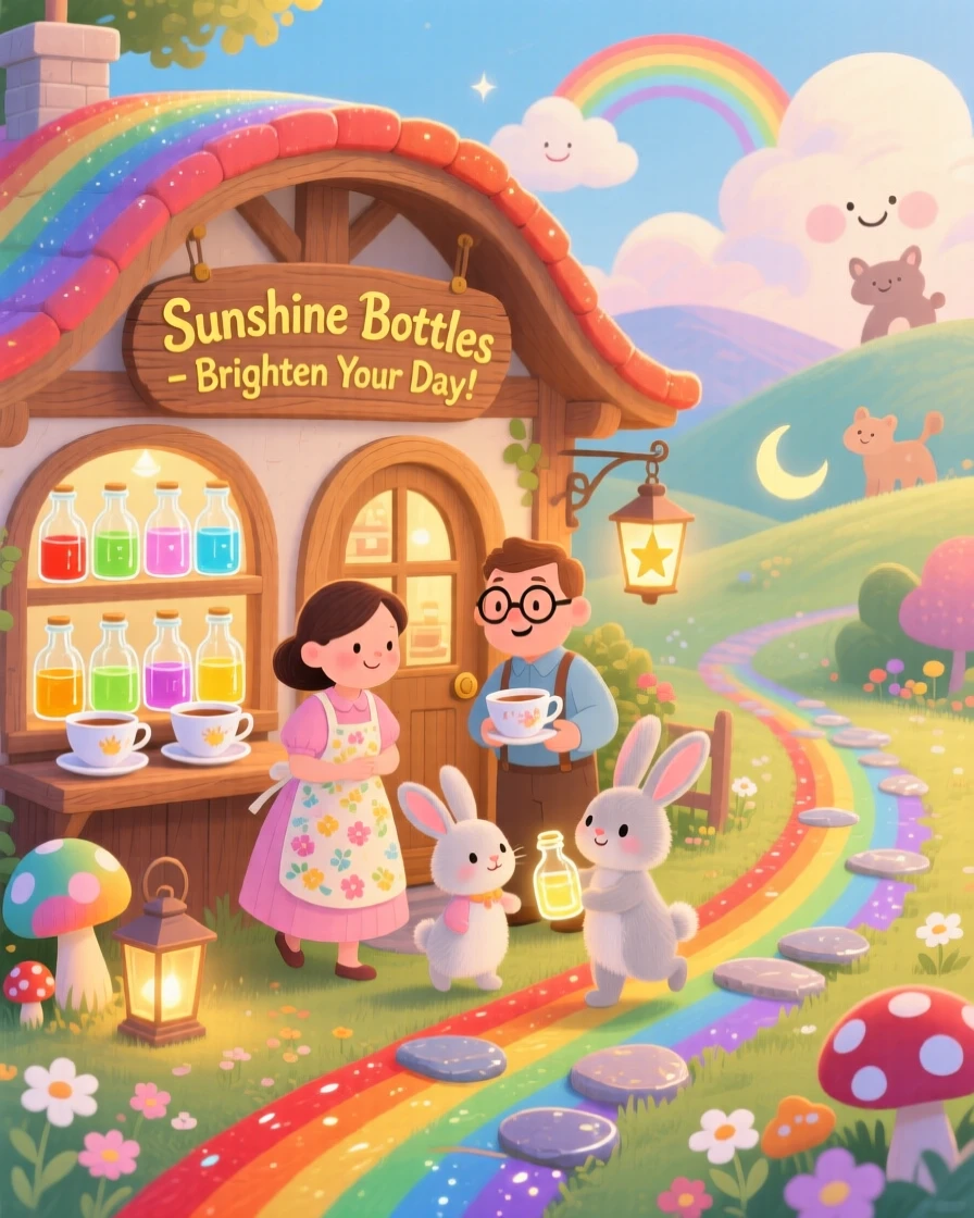 A family of teacup rabbits is keeping a shop that sells bottled sunshine in a land where every path is a rainbow, with everything wrapped in a cozy, storybook charm.