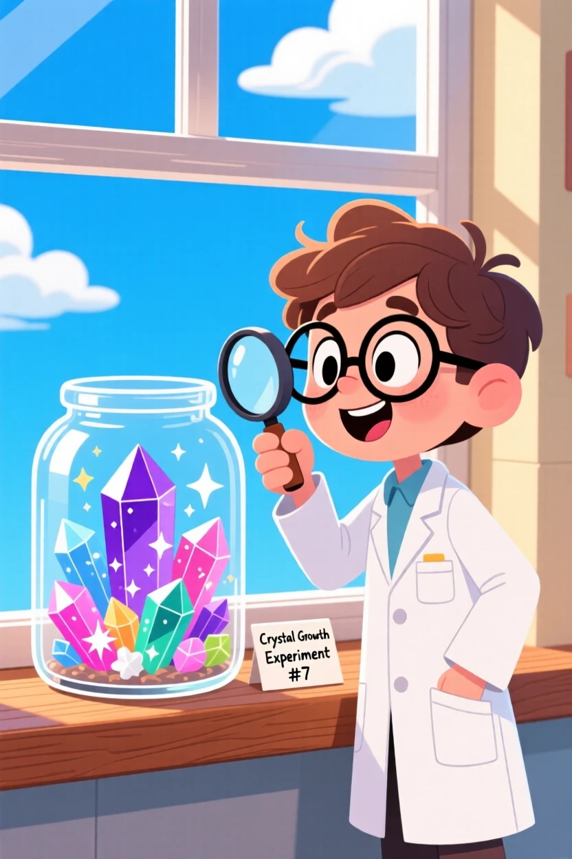 A young scientist growing crystals in a glass jar on a windowsill.