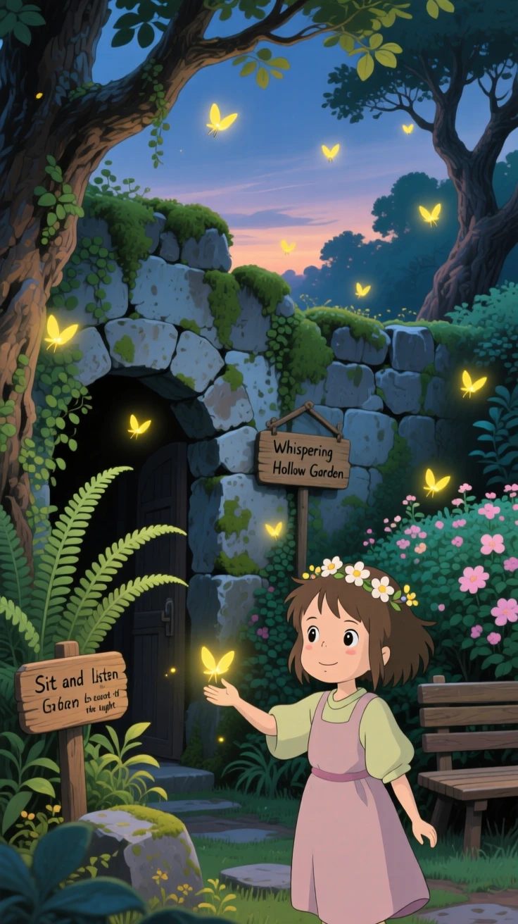 A hidden garden enclosed by a crumbling stone wall, fireflies drifting lazily through the air, creating a scene of quiet natural magic.