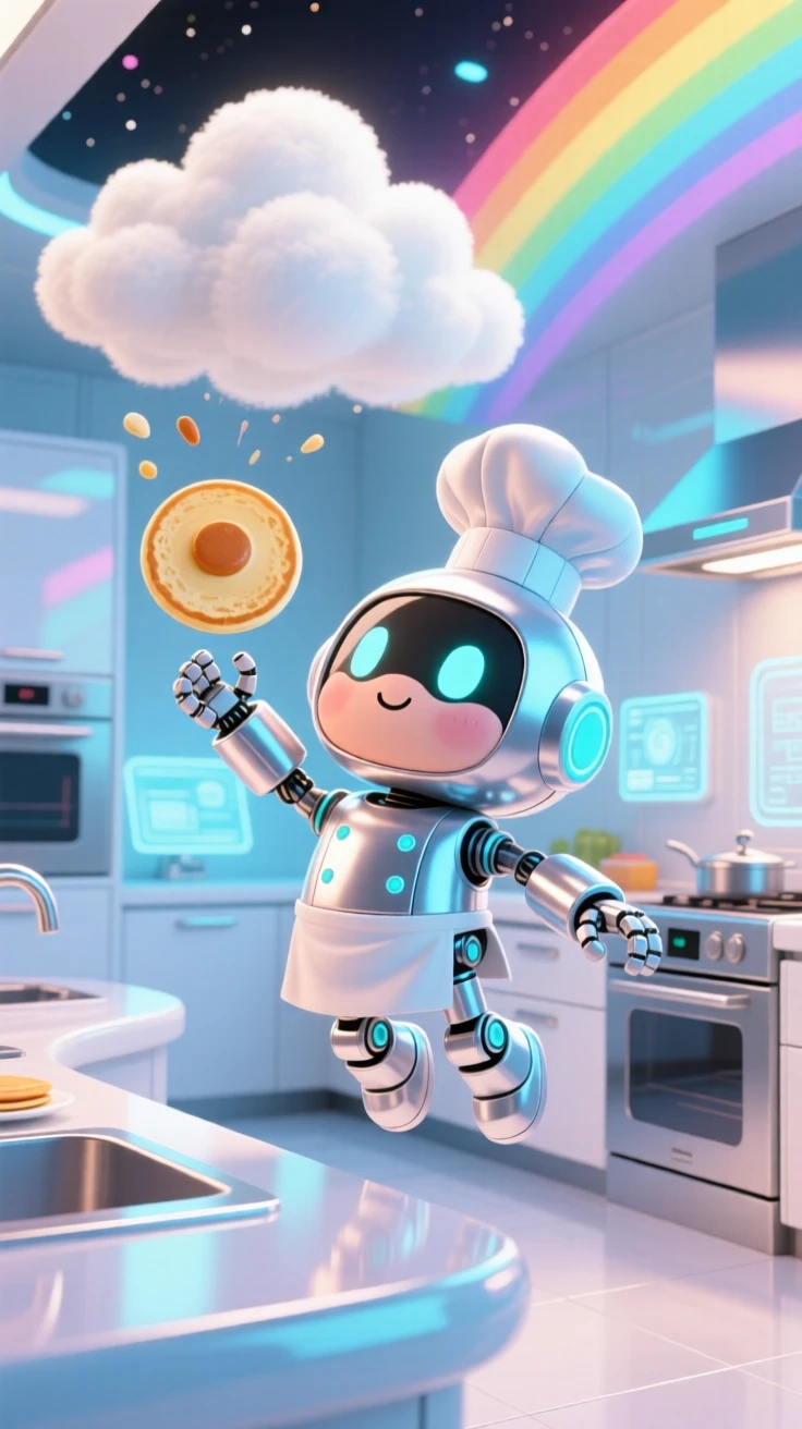In a sleek futuristic kitchen, a small robot chef is flipping a pancake with mechanical arms beneath fluffy drifting clouds, bathed in bright rainbow-tinted light, expression full of warm affection. Shot as a dynamic diagonal composition.
