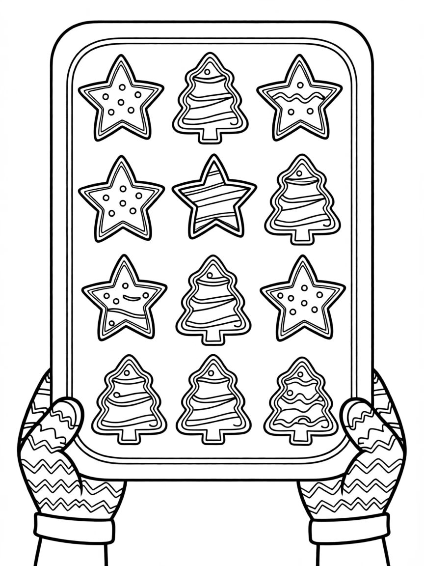 A tray of holiday cookies shaped like stars and trees