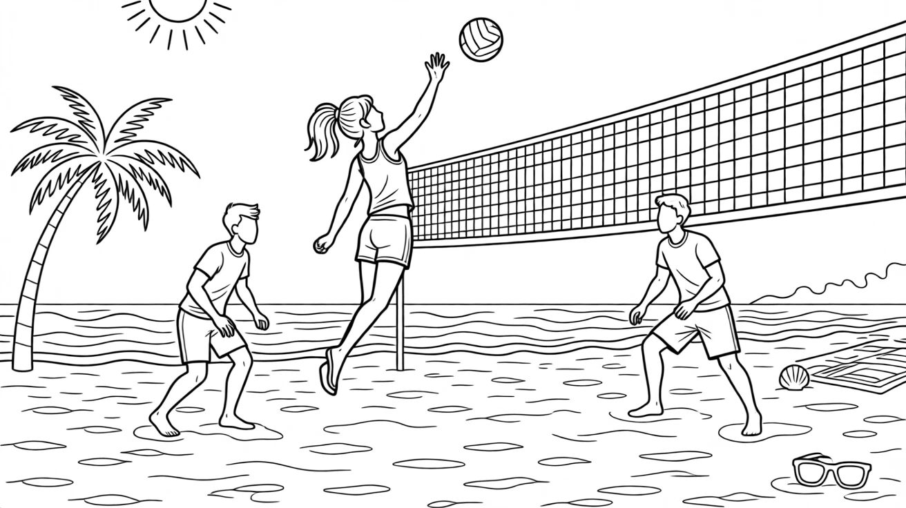 A beach volleyball game frozen mid-spike, with gentle waves rolling onto the shore.