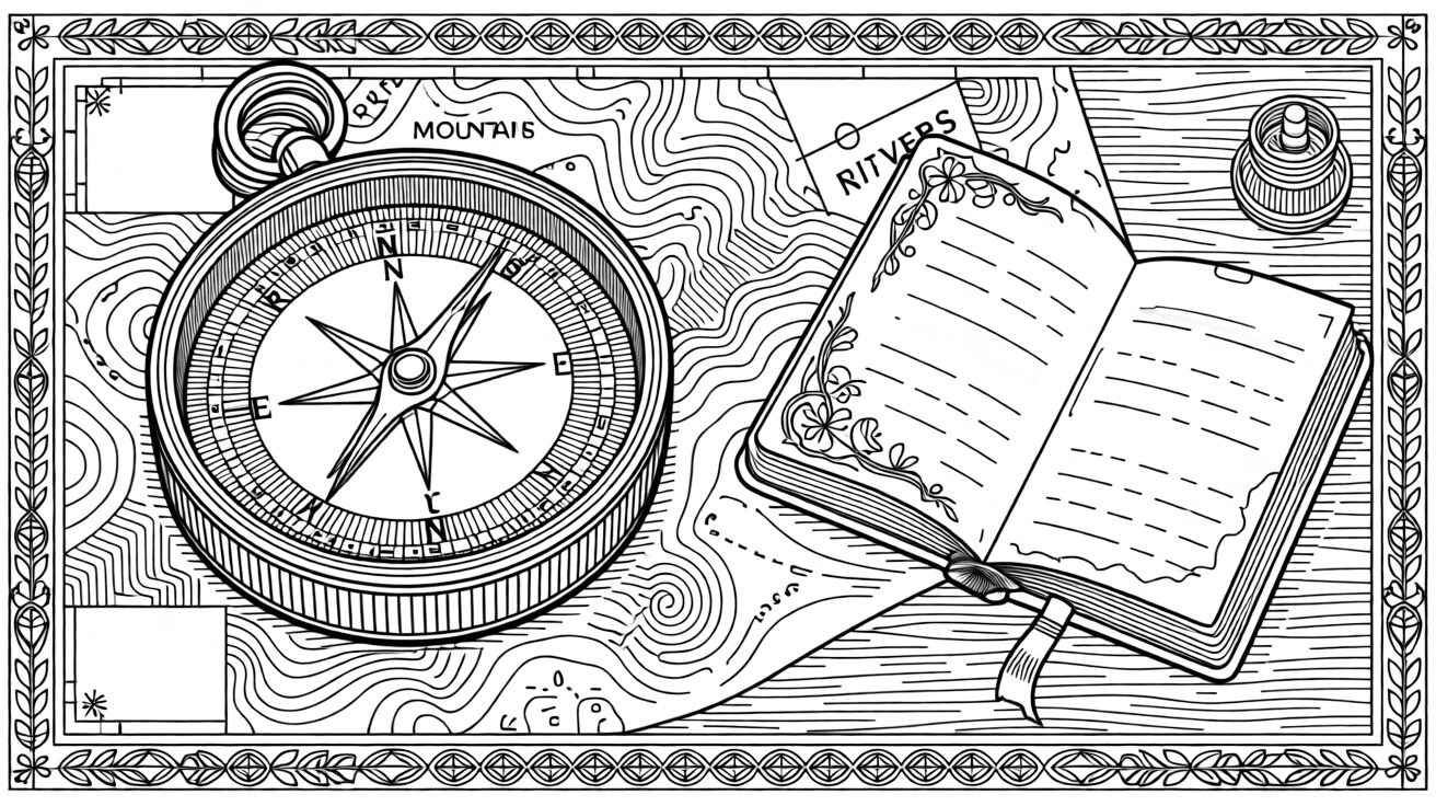 A compass resting atop an unfurled map beside a worn journal.