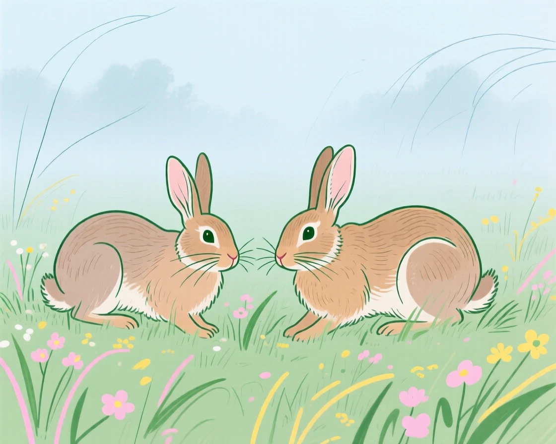 A pair of rabbits exploring in a misty morning field in early spring.