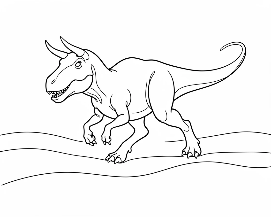 A Carnotaurus charging across an open prehistoric plain