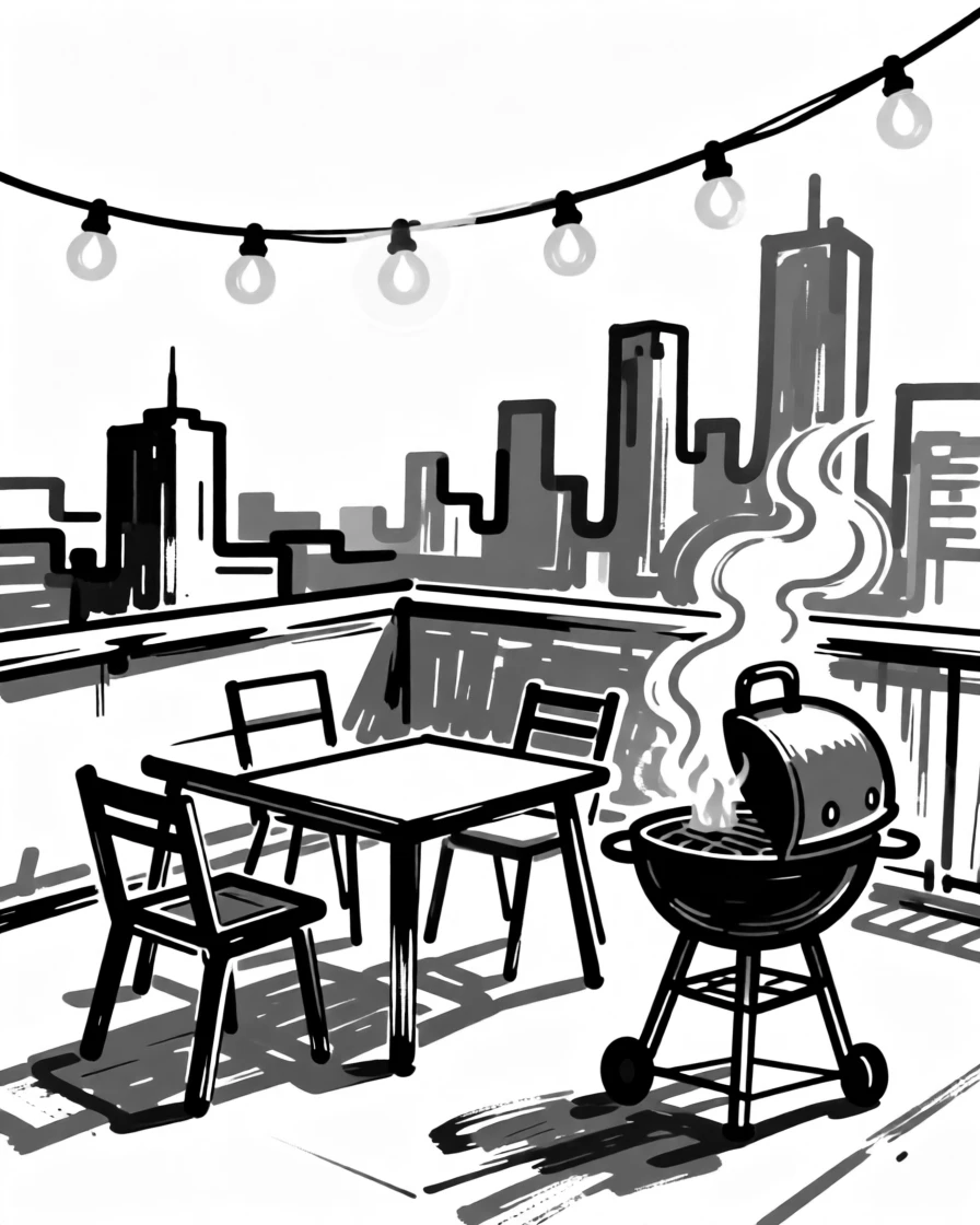 A summer rooftop barbecue with string lights and city views.