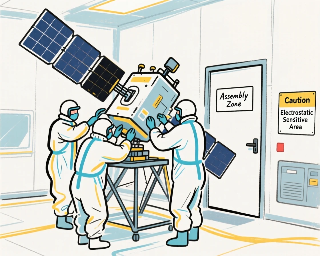 A group of technicians assembling a satellite inside a clean room.