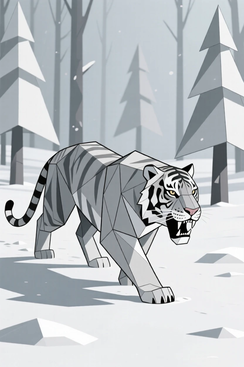 A saber-toothed tiger stalking through a snowy forest