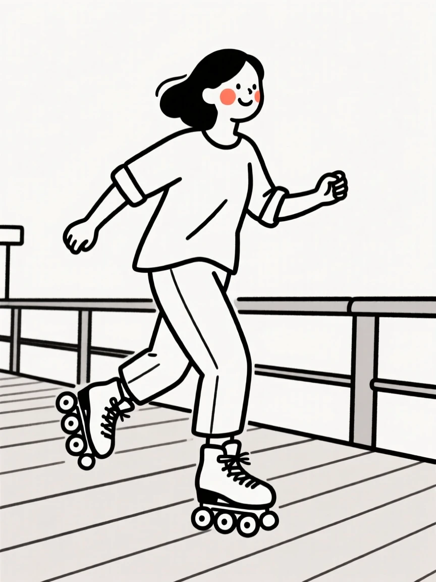 A mother roller skating along a boardwalk.