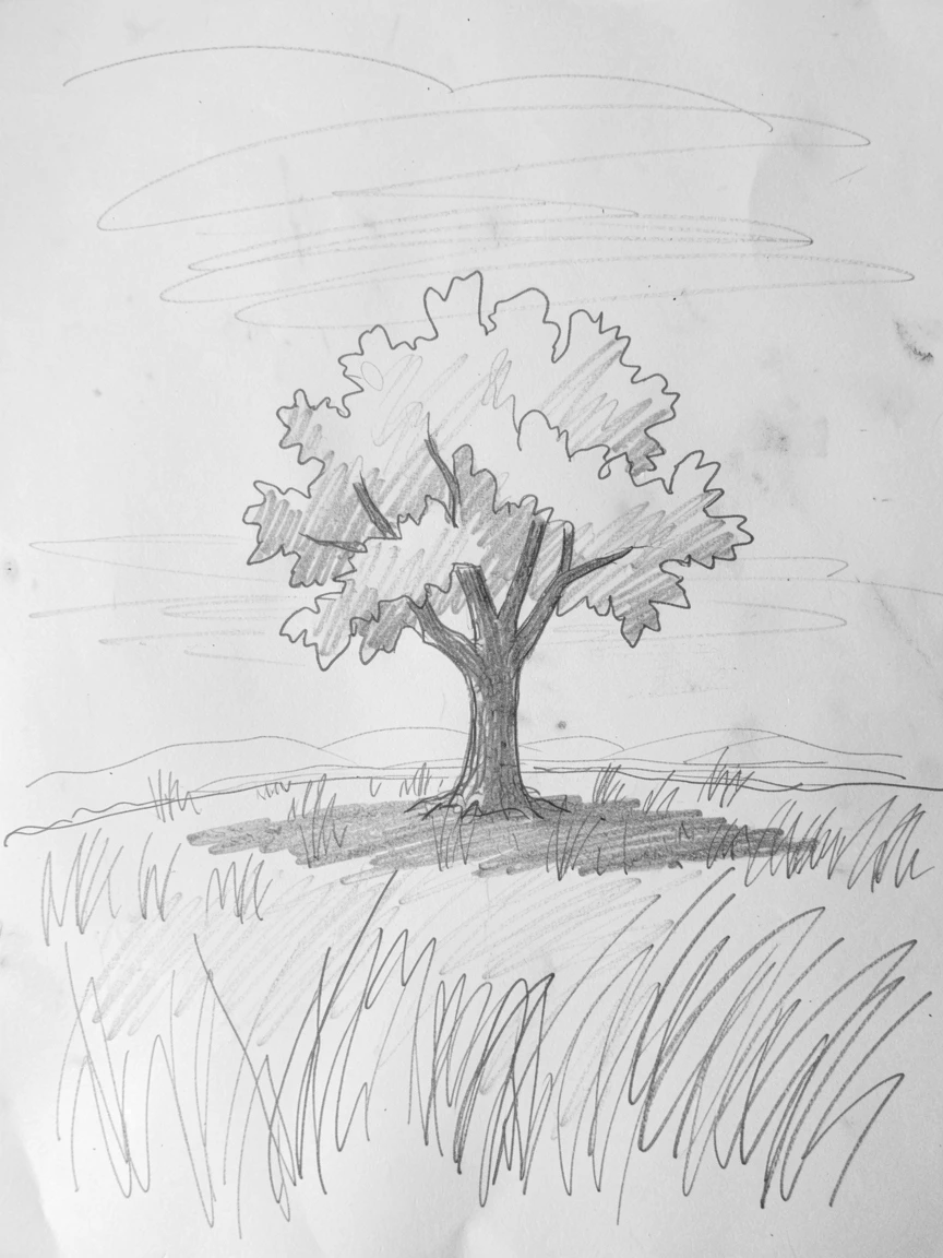 A serene, inspiring scene of a solitary tree standing in an open golden field, in a moment of total tranquility, evoking deep calm and clarity.