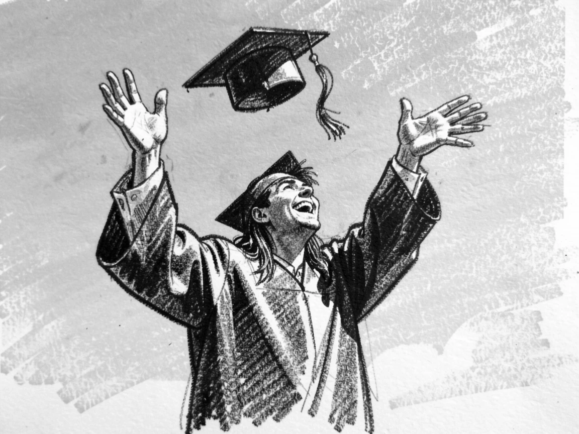 A graduate throwing their cap into the air in celebration, under a clear blue midday sky.