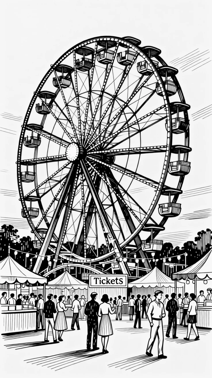 A festive local fair with a Ferris wheel glowing against the evening sky.