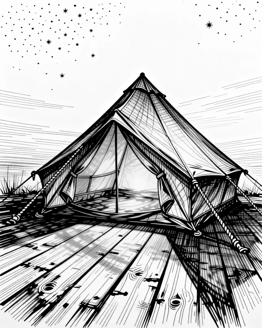 A tent glowing softly under a starlit sky as golden light stretches across the floor, with soft shadows stretching across worn wooden floors, evoking a quietly hopeful sense of calm.