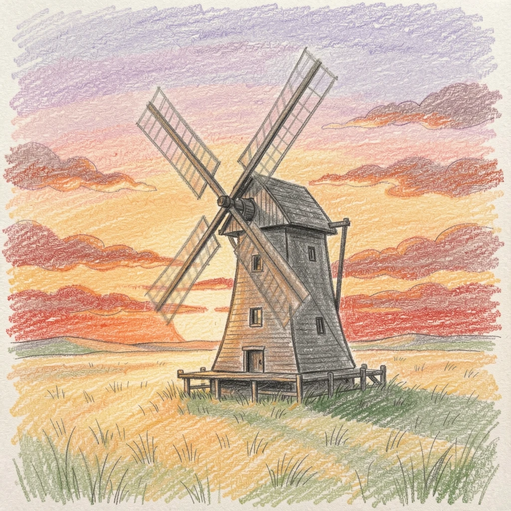 A lone windmill turning against a fiery prairie sunset, set against a softly lit, atmospheric backdrop, celebrating a moment people would love to revisit.