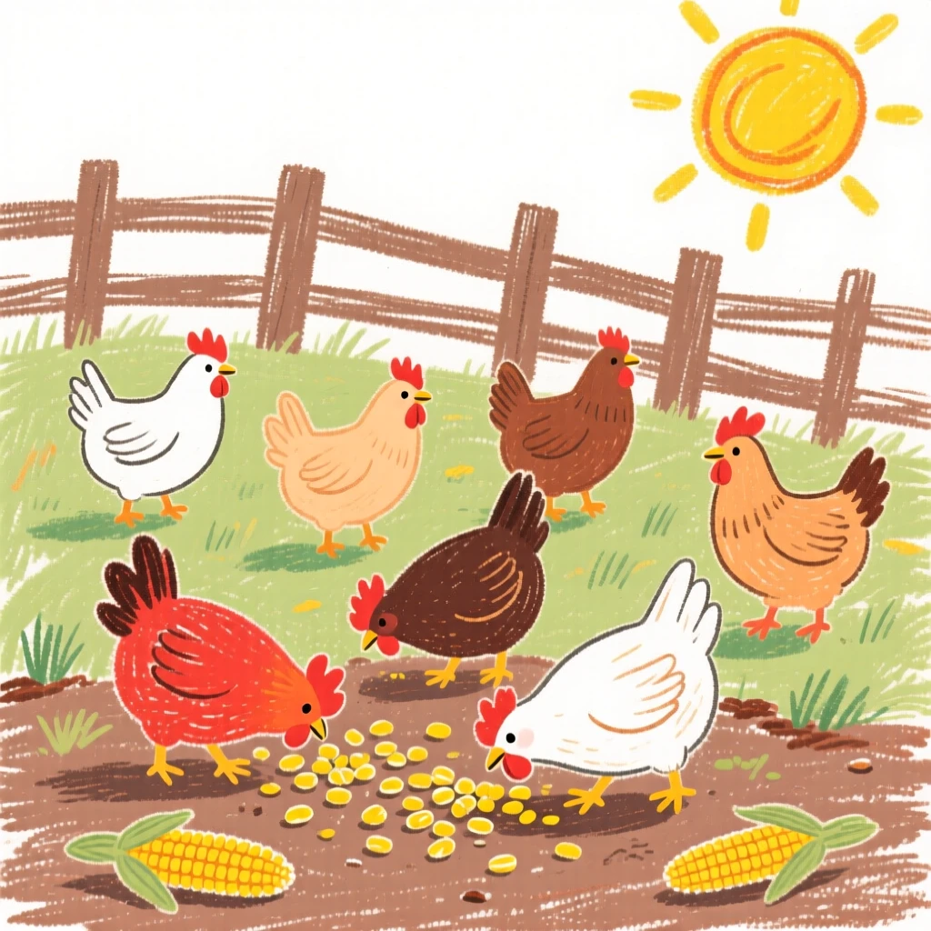 A flock of chickens pecking corn in a sunny farmyard.